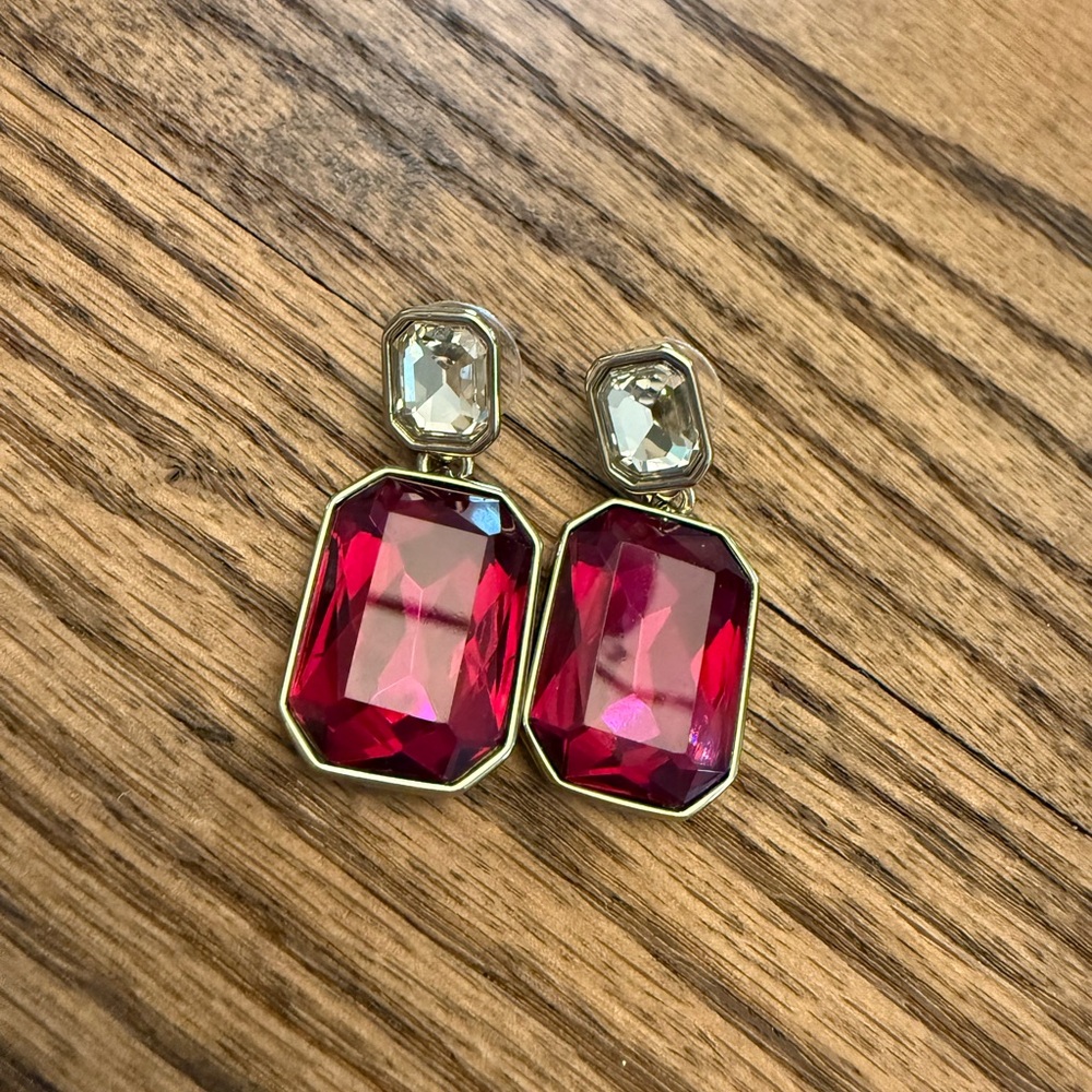 J. Crew Gold-Tone Drop Earrings with Fuchsia and Clear Stones - Picture 2 of 4